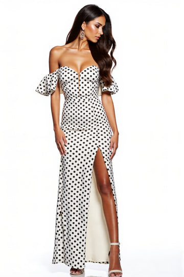 Sheath Off The Shoulder White Black Polka Dots Maxi Dress With Slit